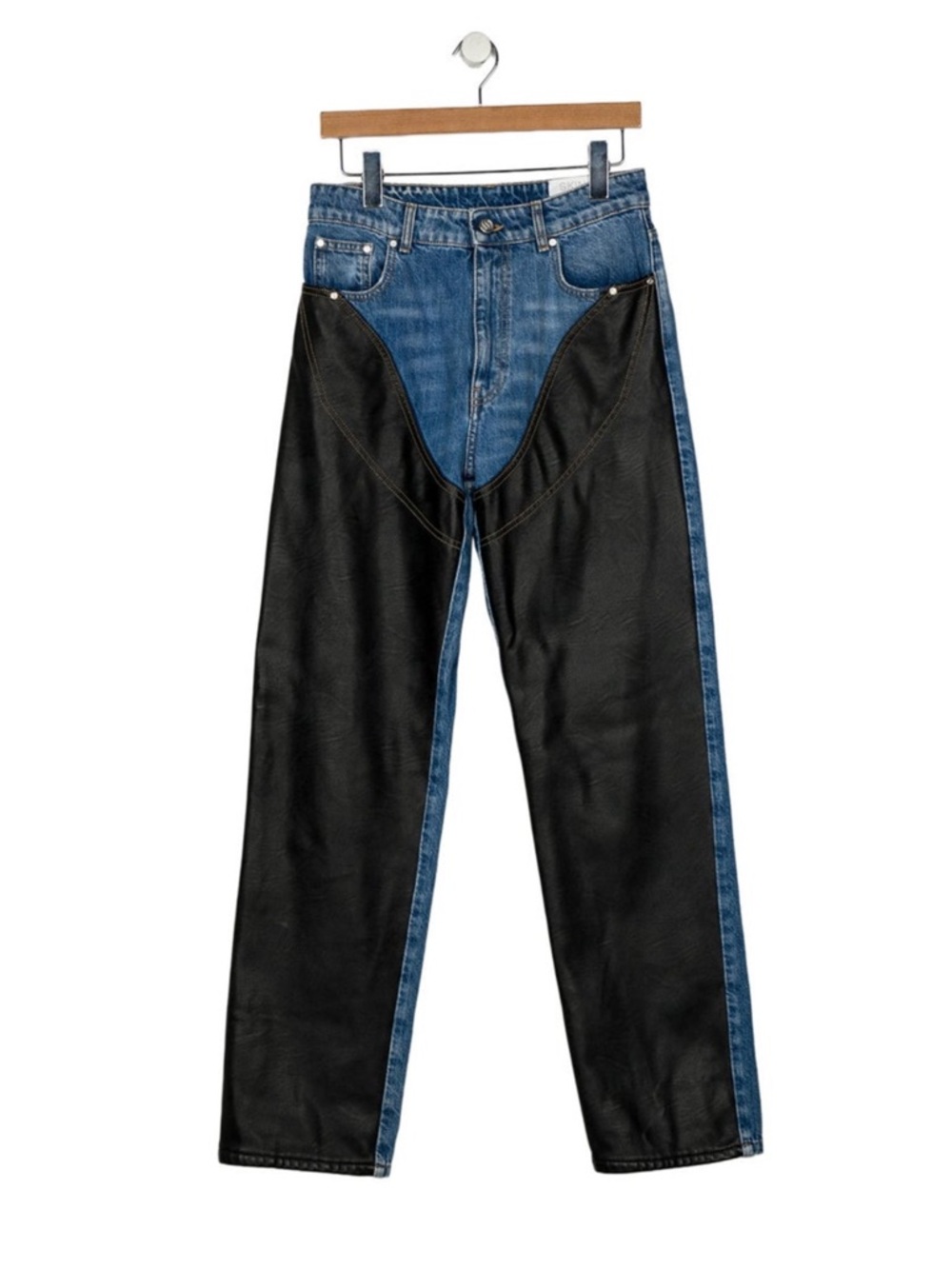 Stella McCartney Black Leather and Blue Denim Two-Tone Straight Jeans